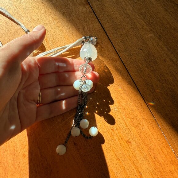 Costume Gray, White, Clear Beads Fabric Cord Silver Tone Chain Long Necklace - Picture 3 of 6